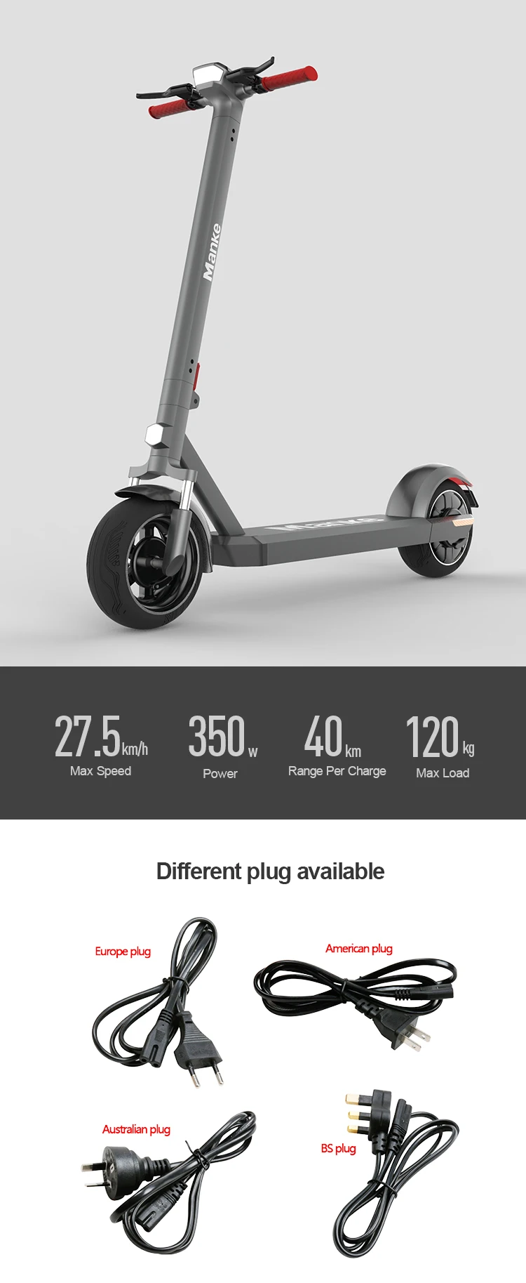 Manke 2019 Scooter eléctrico de molde privado 10 pulgadas 350w Scooter estándar plegable de Alemania para adultos con IP54 a prueba de agua